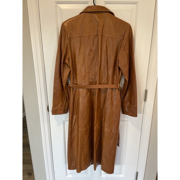 VTG Women Maxima Wilson Leather Camel Brown Button Full Length Trench Coat M - Picture 13 of 16